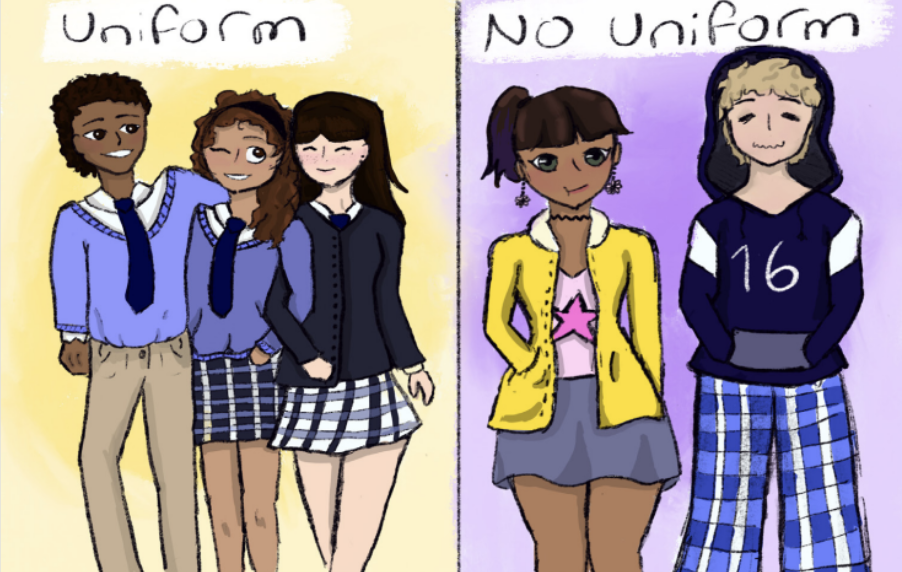 Uniform vs No Uniform. Cartoon: Sofía Hasse-Mas ‘25